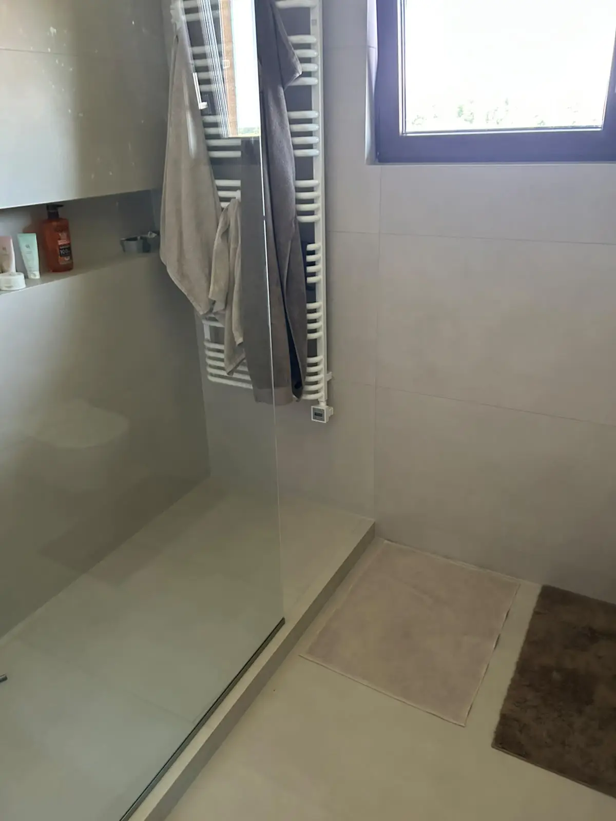 Rekonstrukce koupelny Petřvald u Karviné – walk-in sprchový kout se skleněnou zástěnou a žebříkovým radiátorem